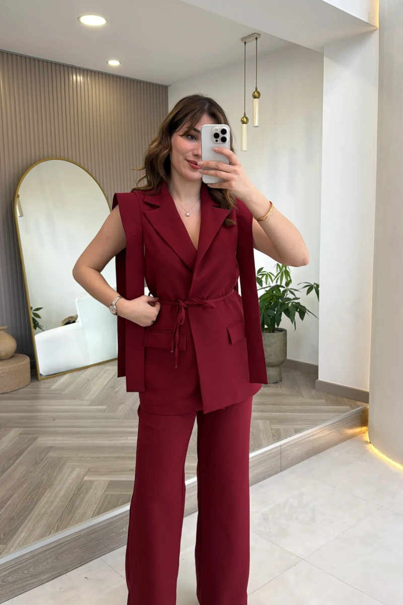 Napolı Omuz Detay Bağcıklı Yelek Takım - Bordo - Kod: 8005