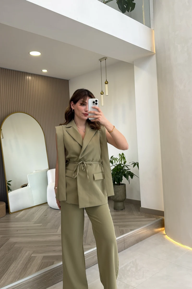 Napolı Omuz Detay Bağcıklı Yelek Takım - Mint - Kod: 8005