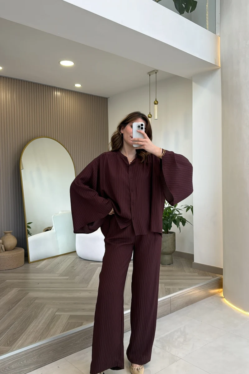 El Escorial Oversize Çizgili Takım - Bordo - Kod: 9069