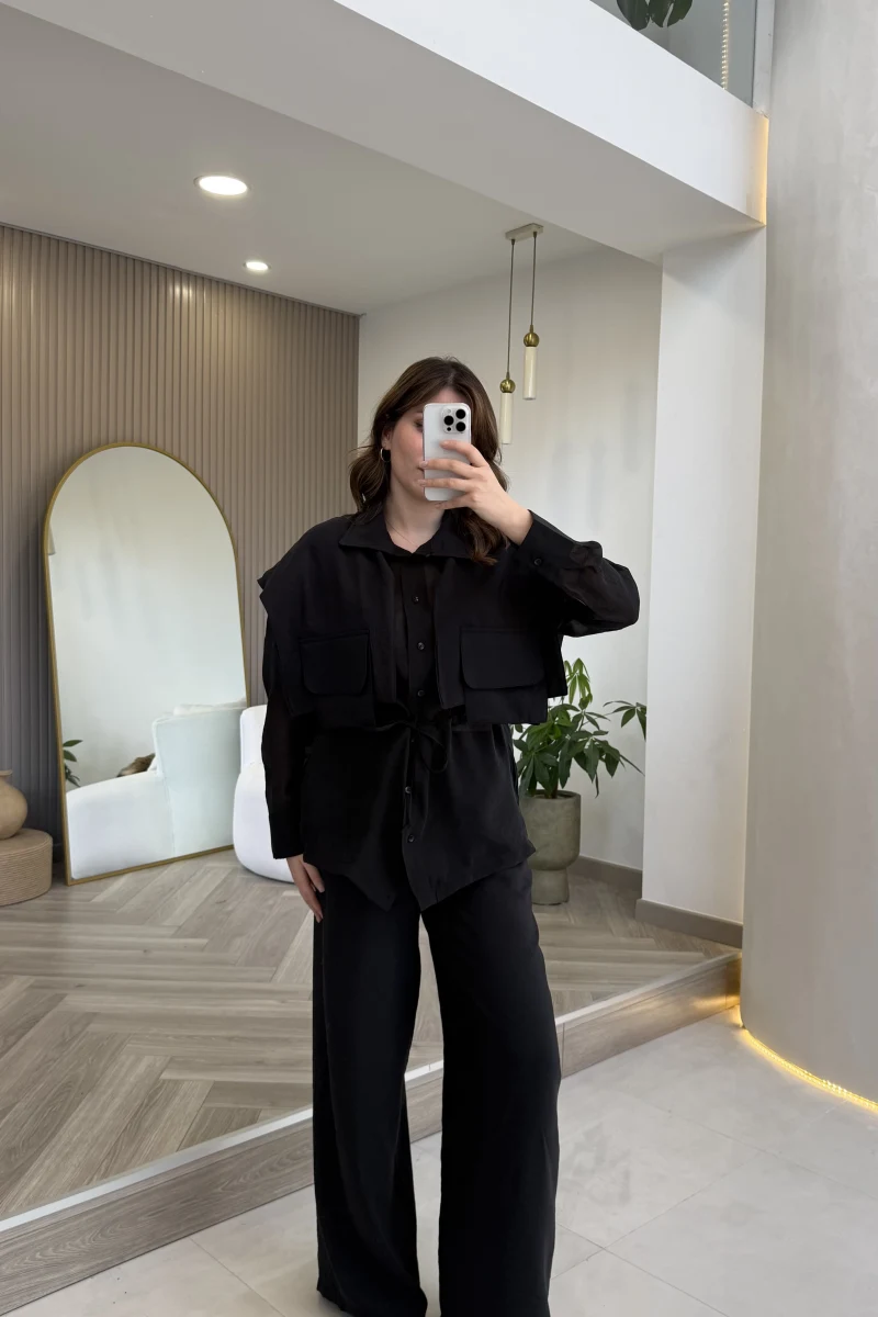 Vatkalı Garnili Bağcıklı Takım - Siyah - Kod: 51309