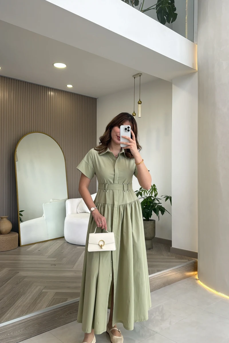 Cull Kemerli Poplin Elbise - Çağla - Kod: 70003