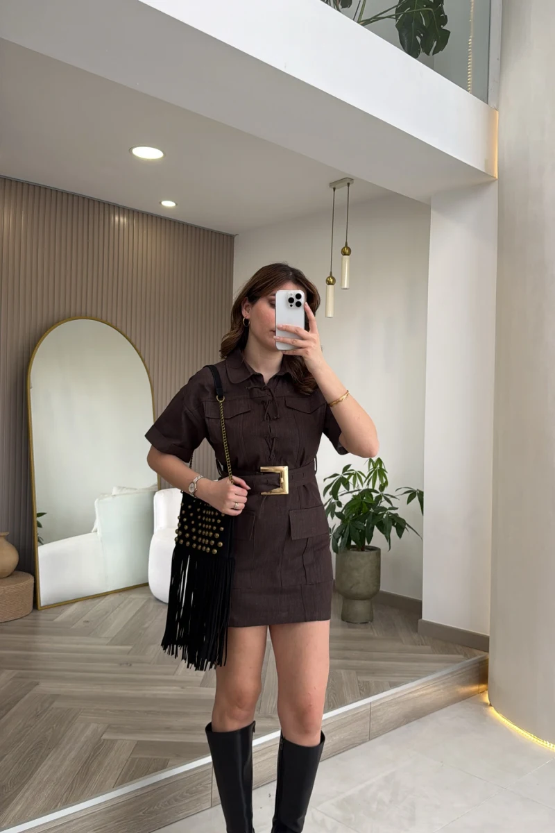 Gold Kemerli Safari Denim Elbise - Kahverengi - Kod: 260806