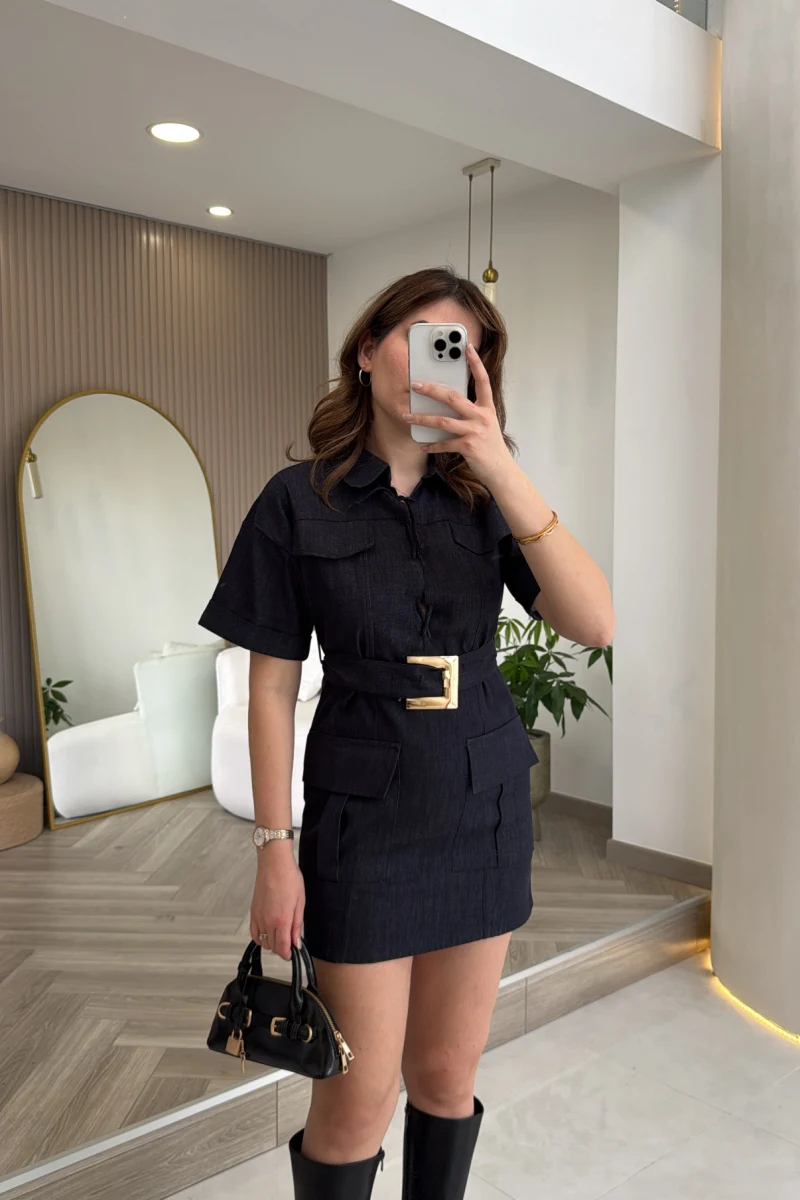 Gold Kemerli Safari Denim Elbise - Lacivert - Kod: 260806