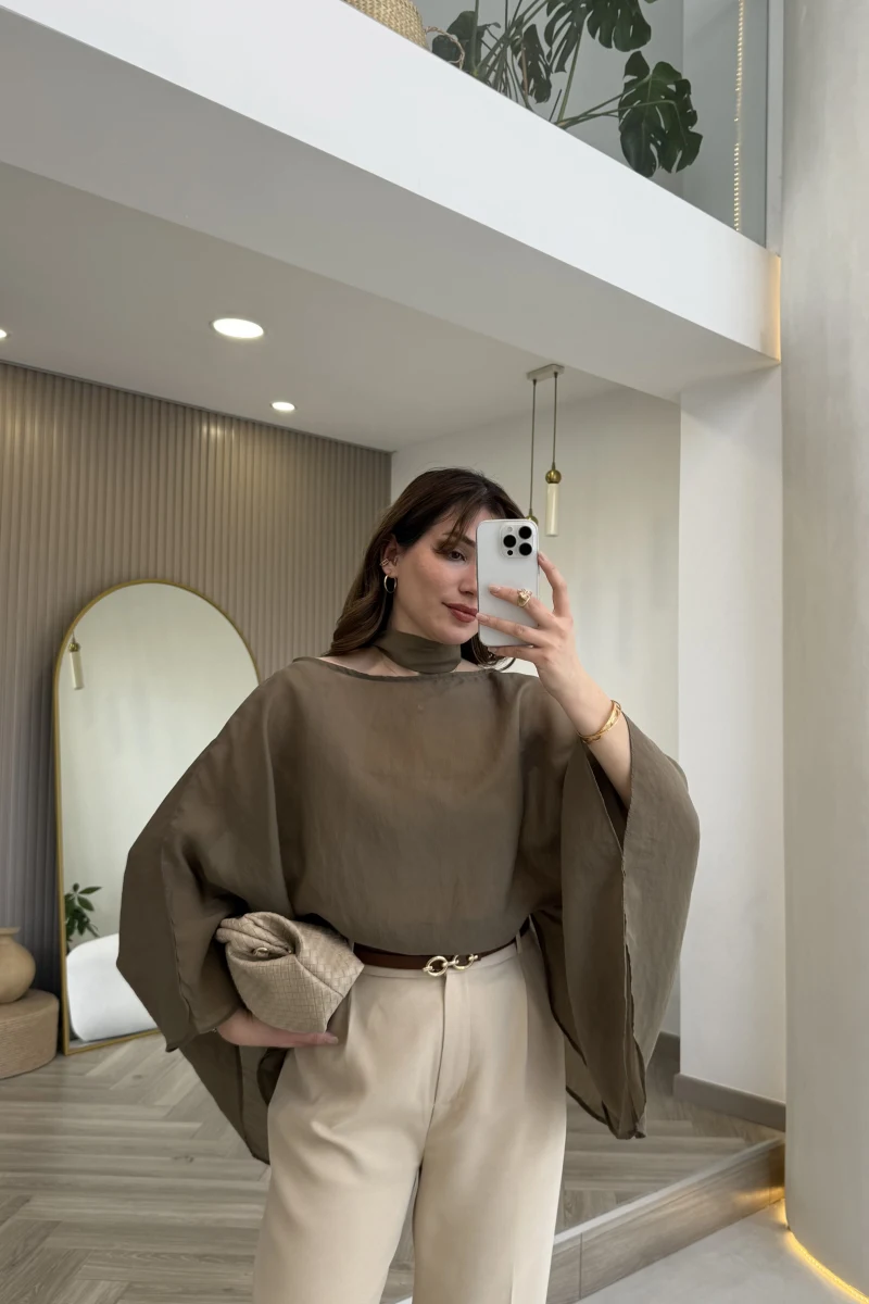 Yarasa Kol Kuşaklı Tül Bluz - Haki - Kod: 1670