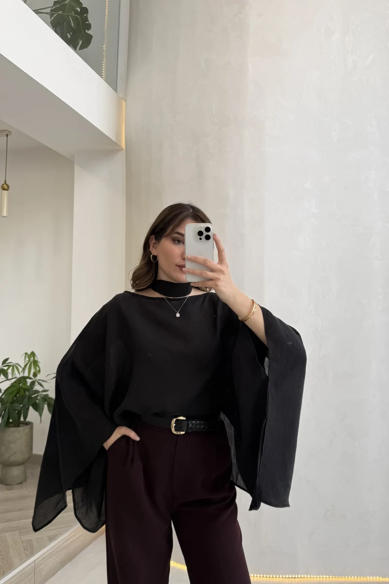 Yarasa Kol Kuşaklı Tül Bluz - Siyah - Kod: 1670