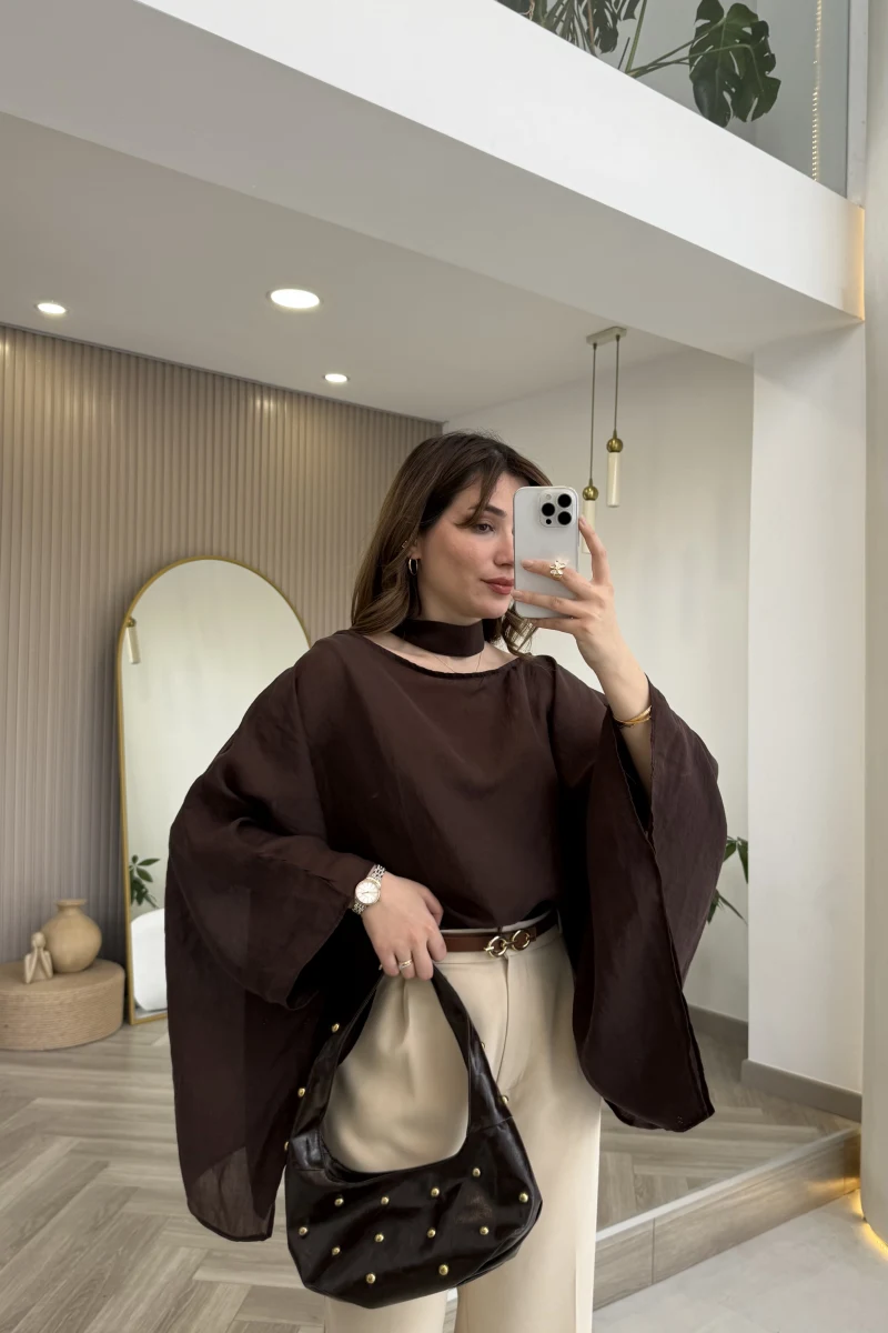 Yarasa Kol Kuşaklı Tül Bluz - Kahverengi - Kod: 1670