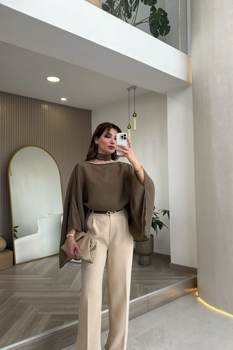 Kumaş Palazzo Pantolon - Taş - Kod: 3879