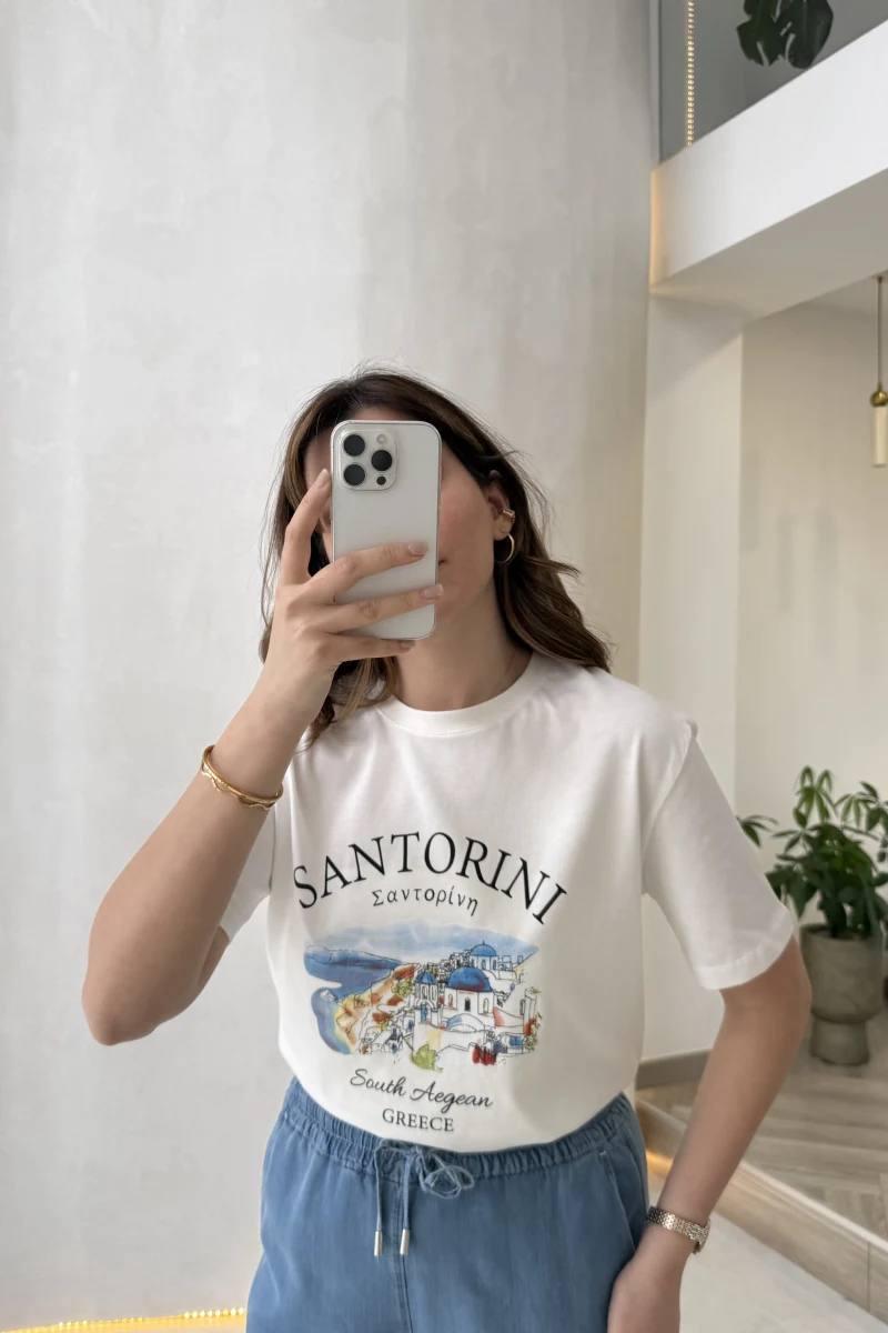 Santorını Baskılı Kısa Kol T-shirt - Ekru - Kod: 8312