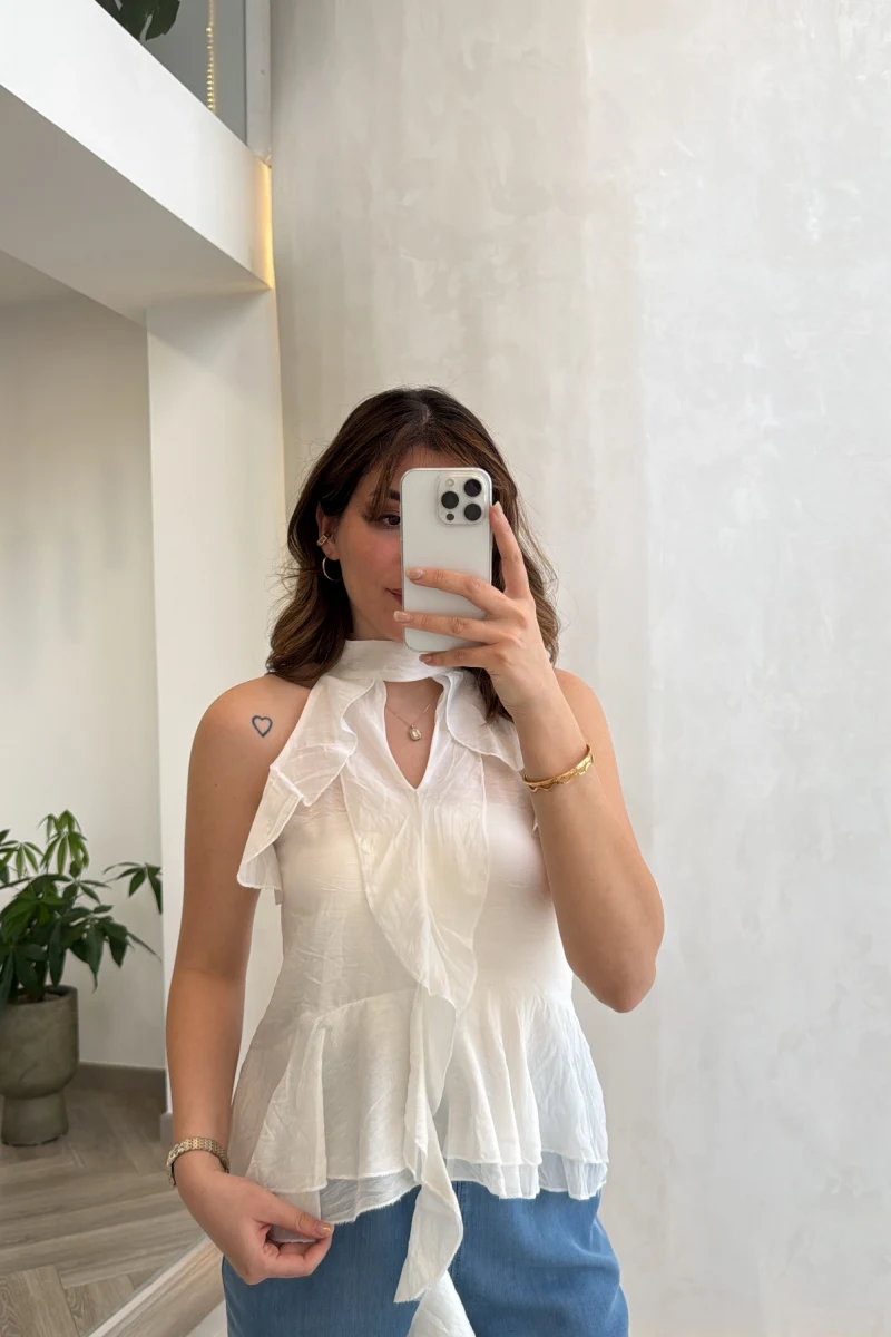 Halter Yaka Volanlı Transparan Bluz - Ekru - Kod: 5390