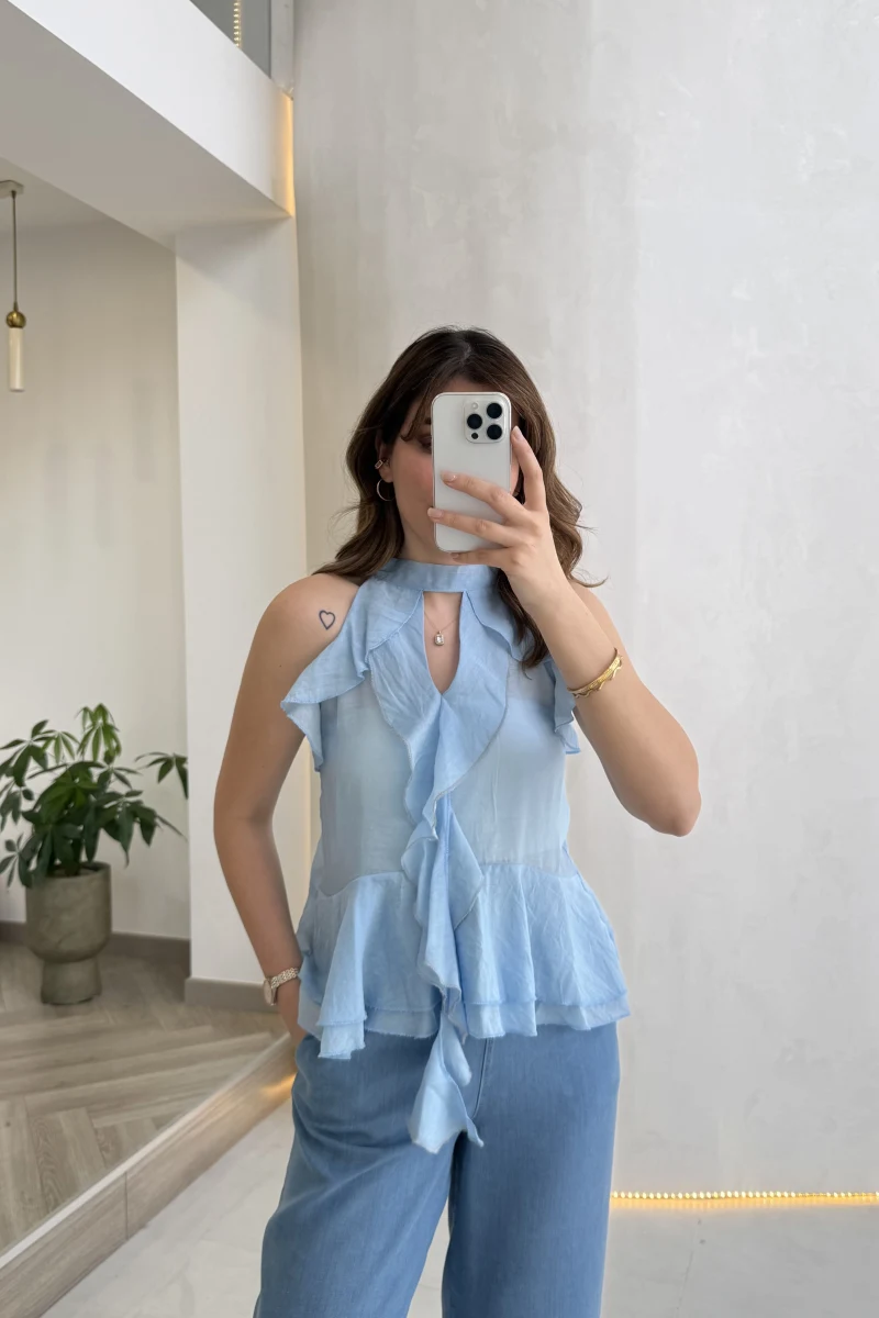 Halter Yaka Volanlı Transparan Bluz - Mavi - Kod: 5390