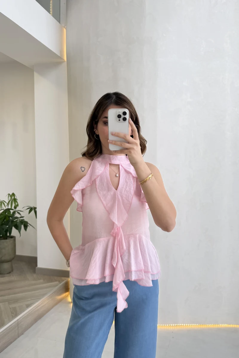 Halter Yaka Volanlı Transparan Bluz - Pembe - Kod: 5390