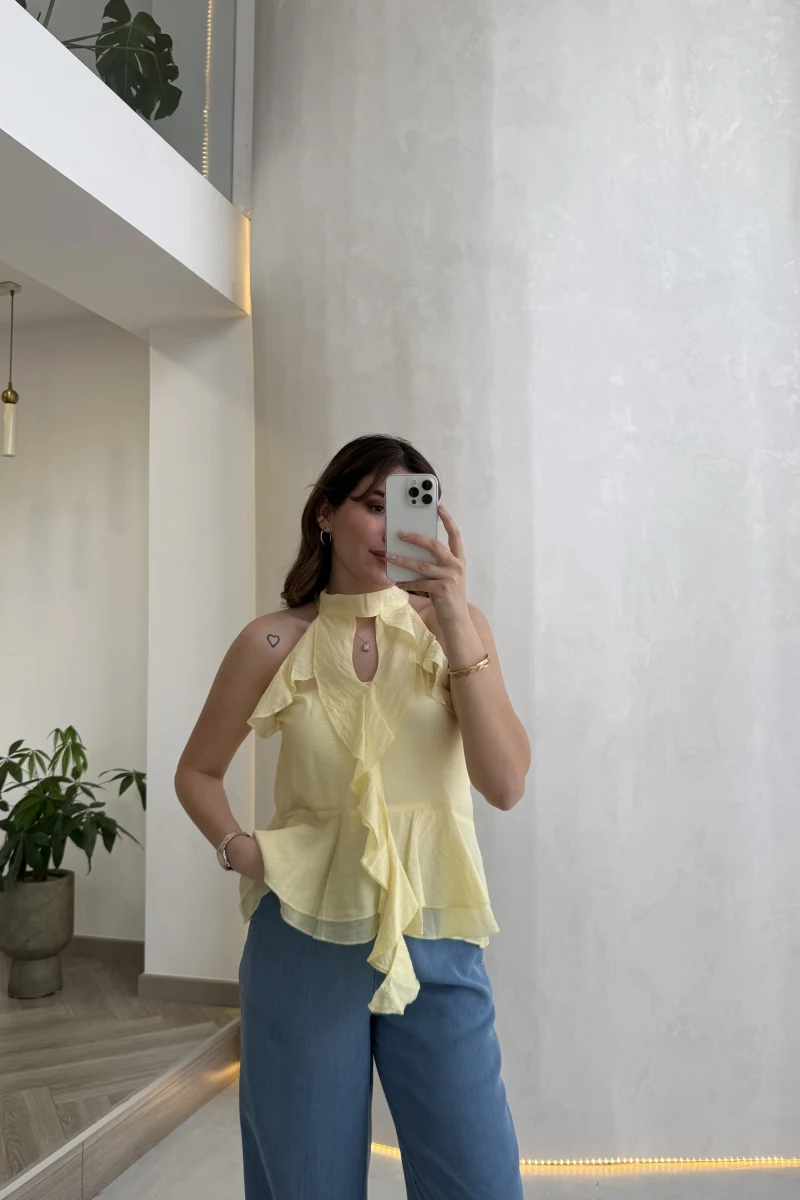 Halter Yaka Volanlı Transparan Bluz - Sarı - Kod: 5390