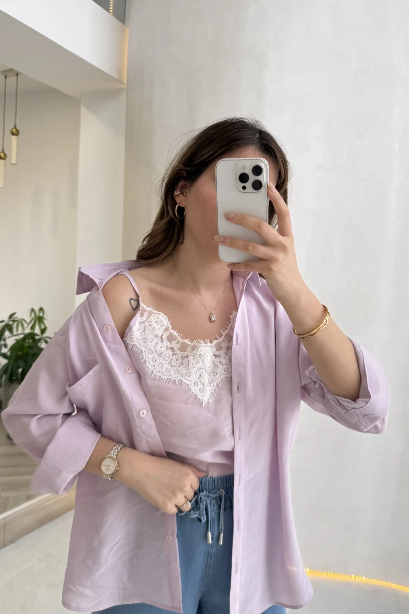 İçi Askılı Dantel Detaylı Gömlek - Lila - Kod: 2209