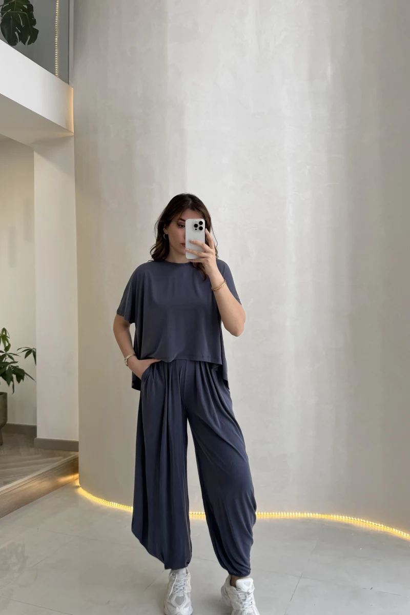 Pamuk Kumaş T-shirt Pantolon Takım - Lacivert - Kod: 51149