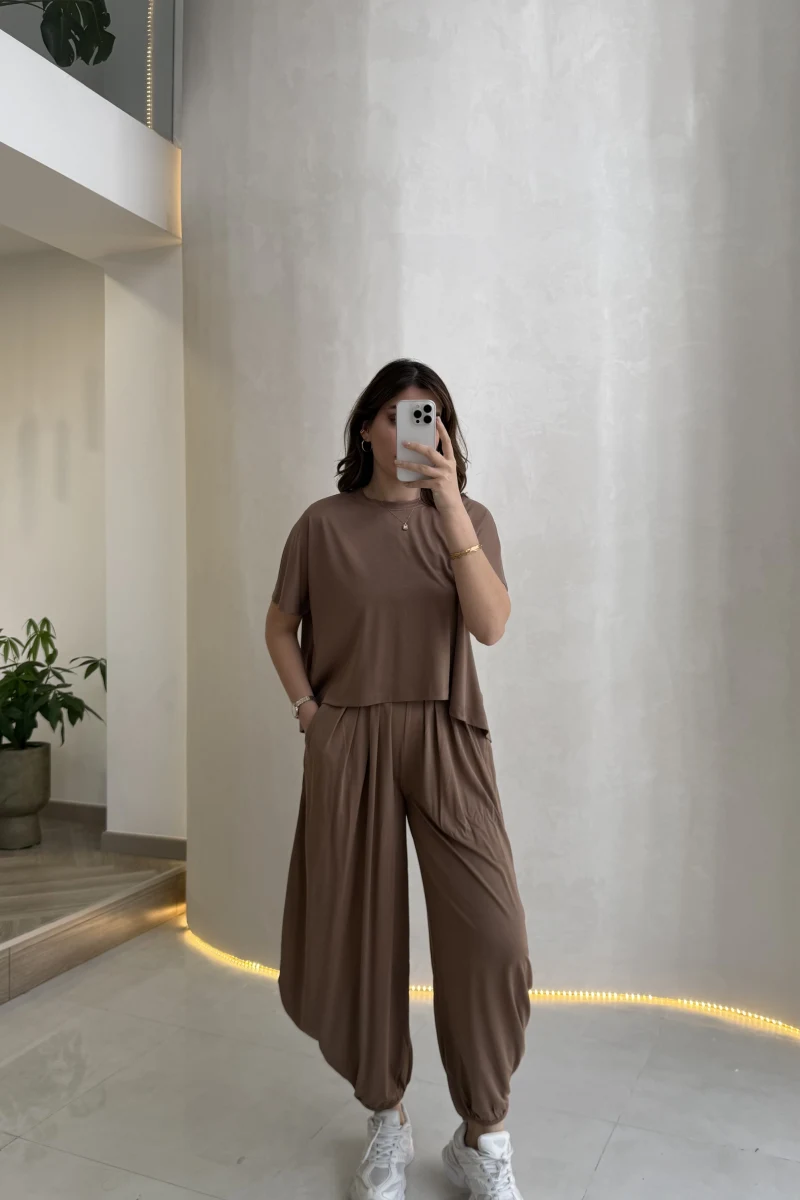 Pamuk Kumaş T-shirt Pantolon Takım - Kahve - Kod: 51149