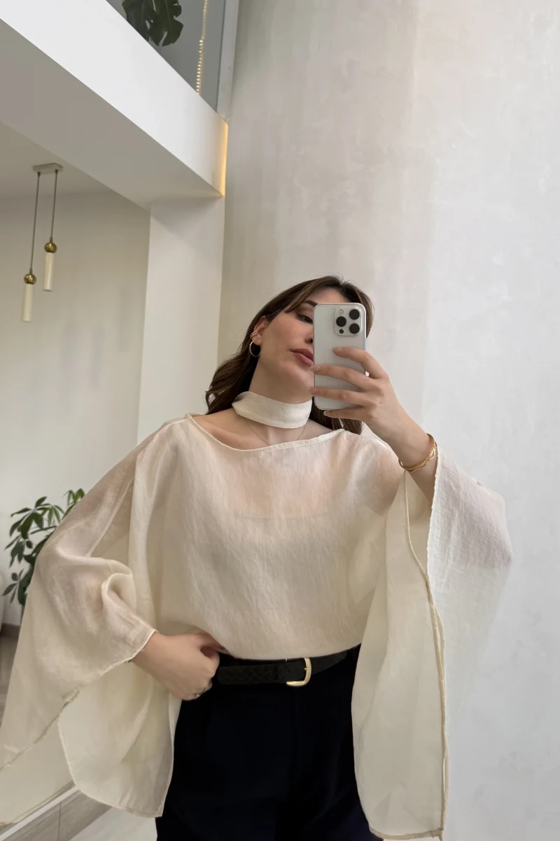 Yarasa Kol Kuşaklı Tül Bluz - Krem - Kod: 1670