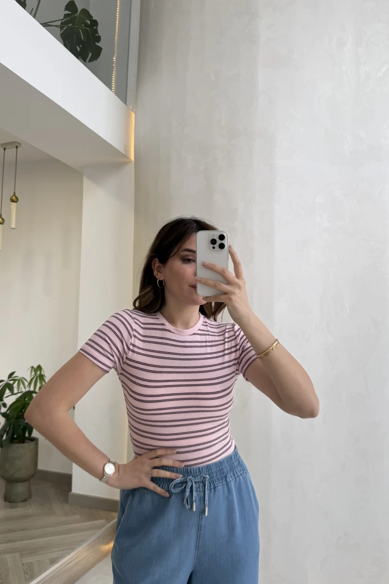 Bordo Çizgili Pembe Kısa Kol T-shirt - Kod: 6962