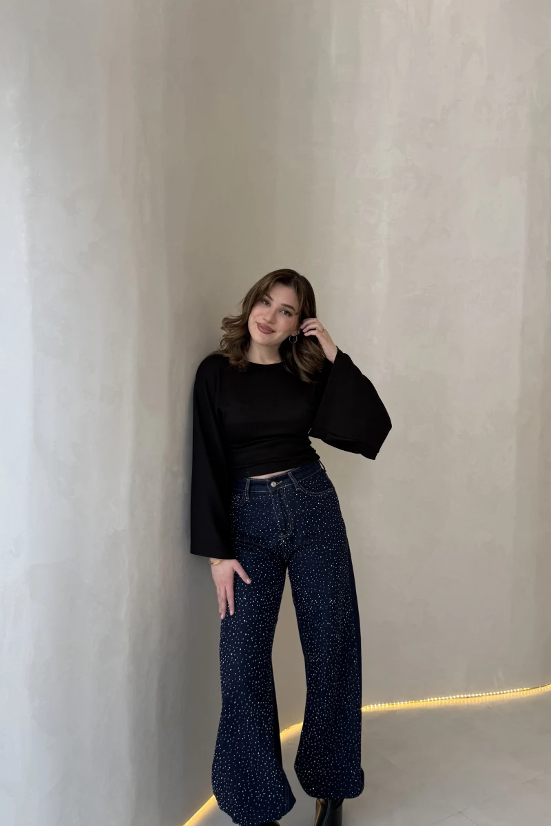 Paçası Lastikli Yüksek Bel Taşlı Denim Jean Pantolon - Lacivert