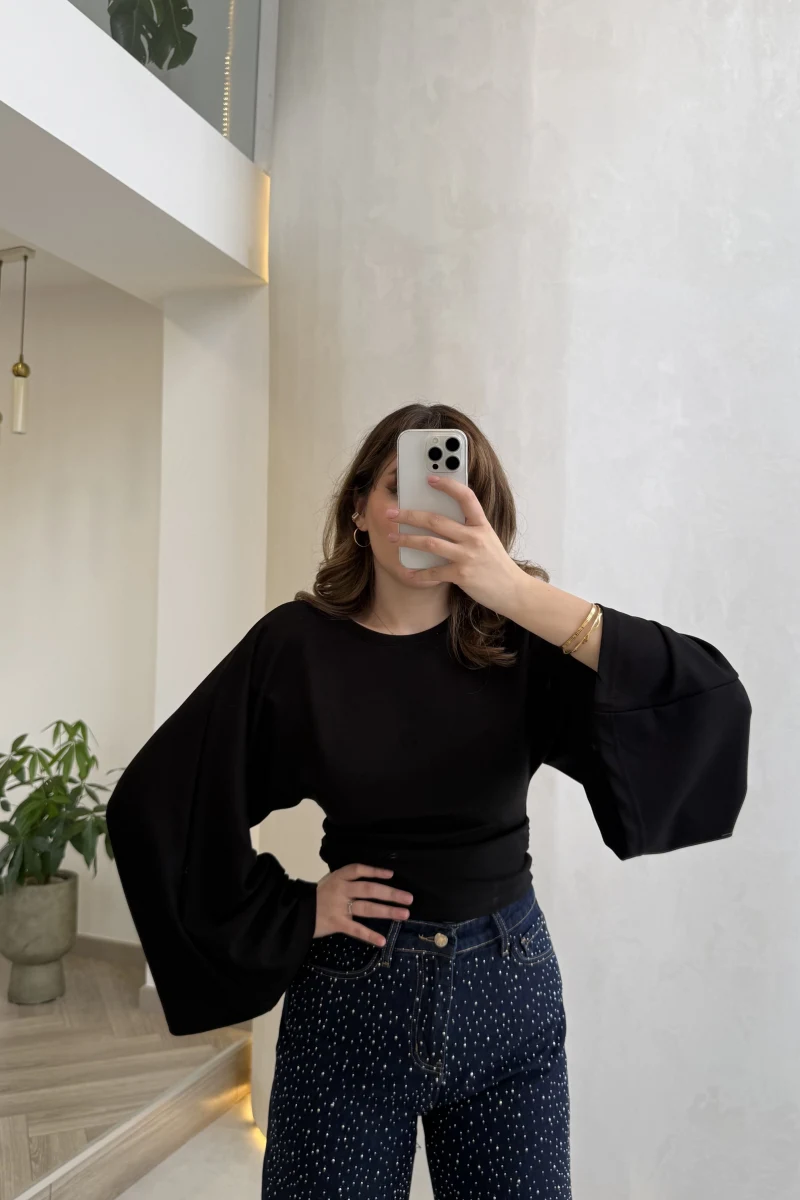 Bol Kol Beli Büzgü Detay Crop Bluz - Siyah - Kod: 1093