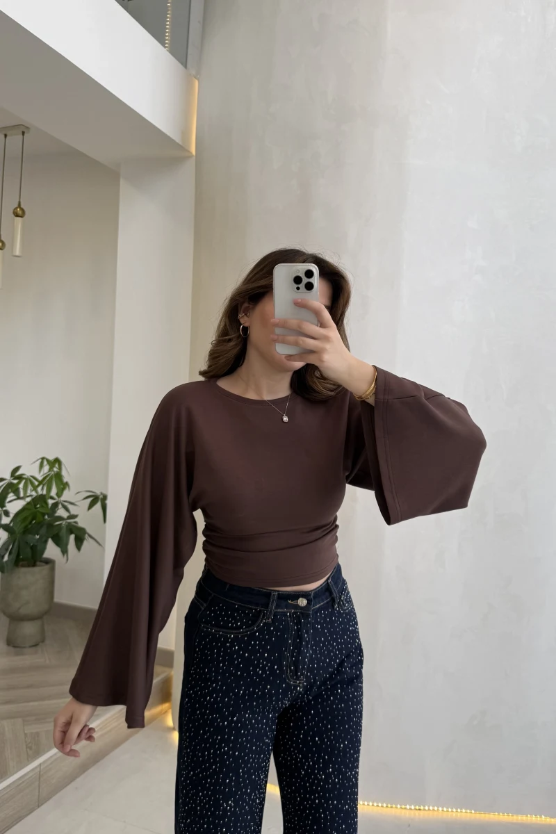 Bol Kol Beli Büzgü Detay Crop Bluz - Kahverengi - Kod: 1093