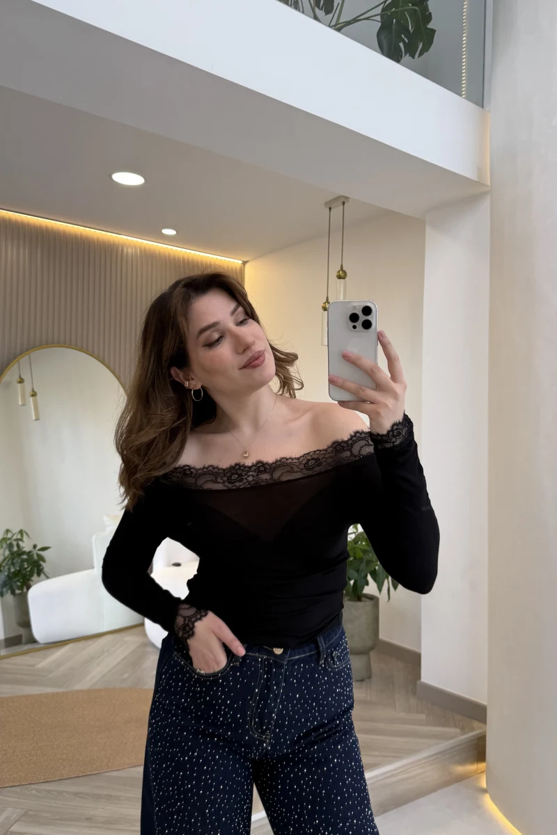 Dantelli Madonna Yaka Body - Siyah - Kod: 5065