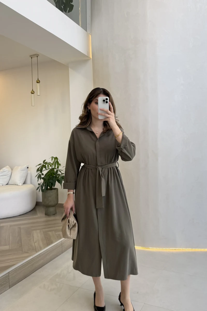 Colosseum Kuşaklı Beli Lastik Detay Düğmeli Elbise - Haki - Kod: 3079