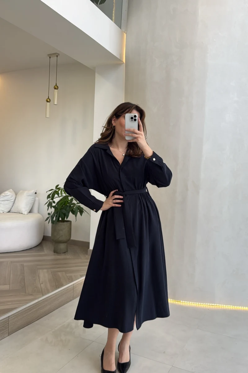 Colosseum Kuşaklı Beli Lastik Detay Düğmeli Elbise - Lacivert - Kod: 3079