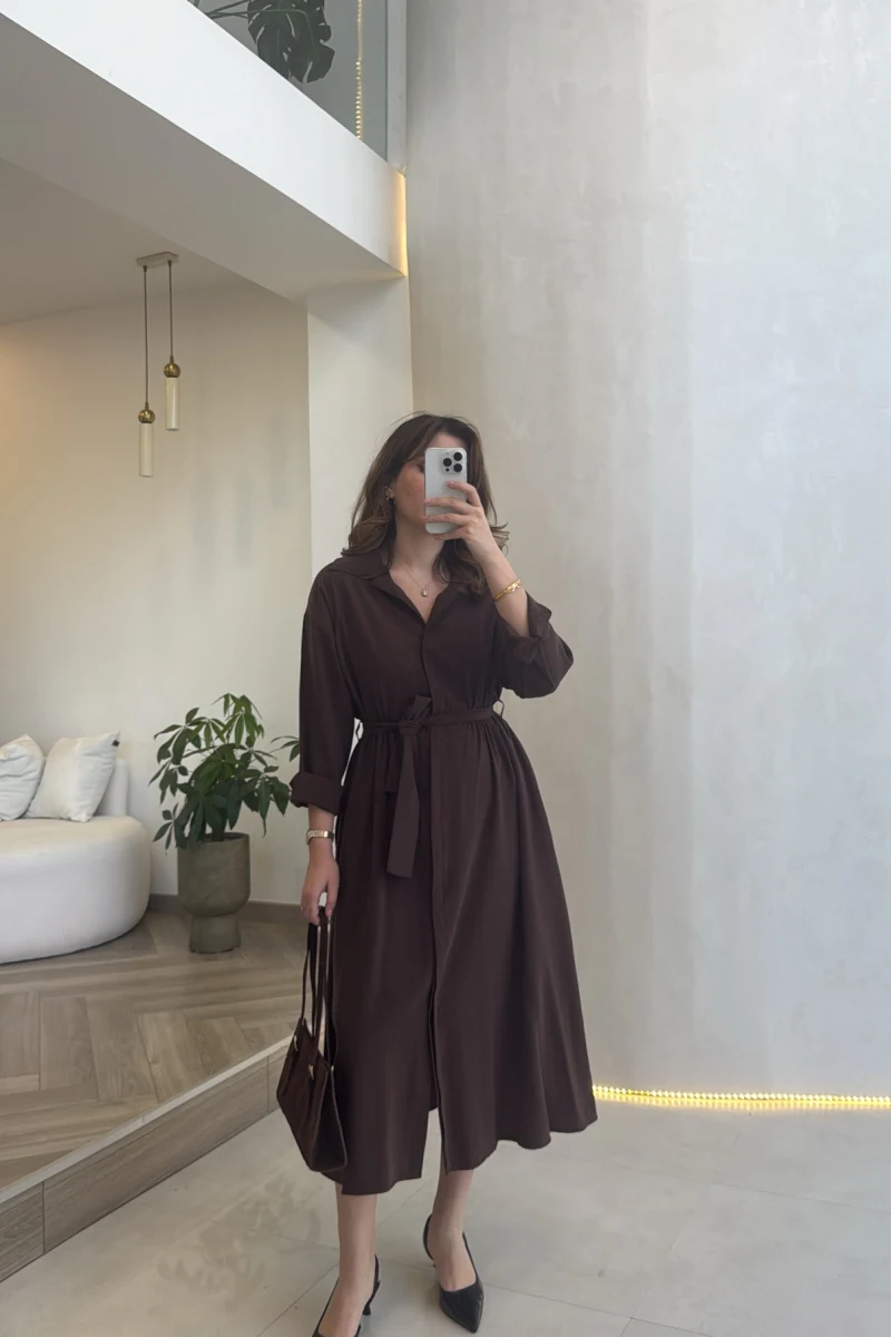 Colosseum Kuşaklı Beli Lastik Detay Düğmeli Elbise - Kahverengi - Kod: 3079