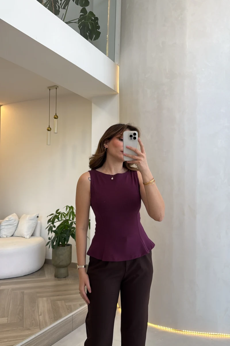 Dilvin Bele Oturan Sıfır Kol Volanlı Body - Mor - Kod: 21001