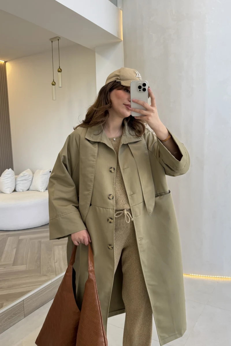 Fularlı Yırtmaç Detay Trençkot - Haki - Kod: 600