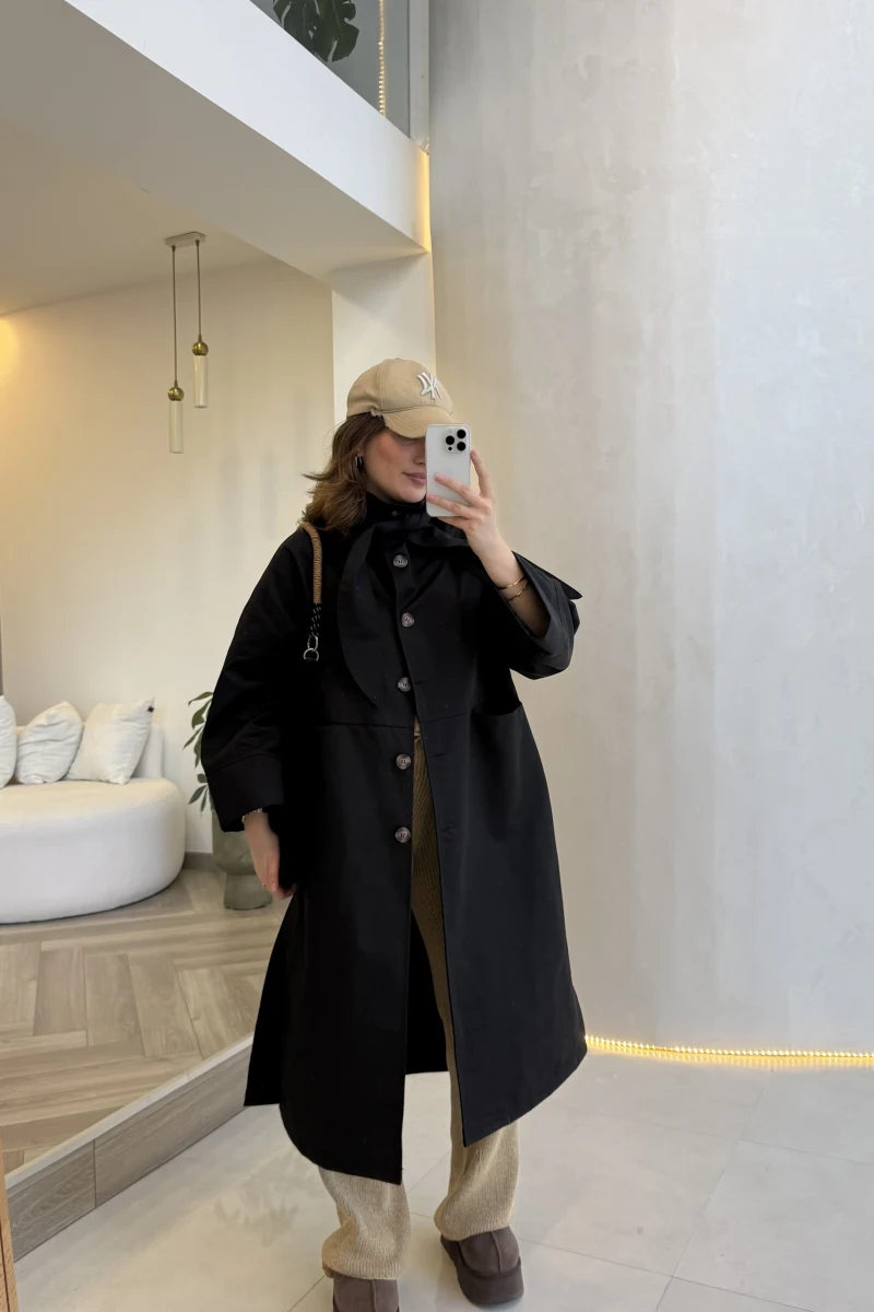 Fularlı Yırtmaç Detay Trençkot - Siyah - Kod: 600