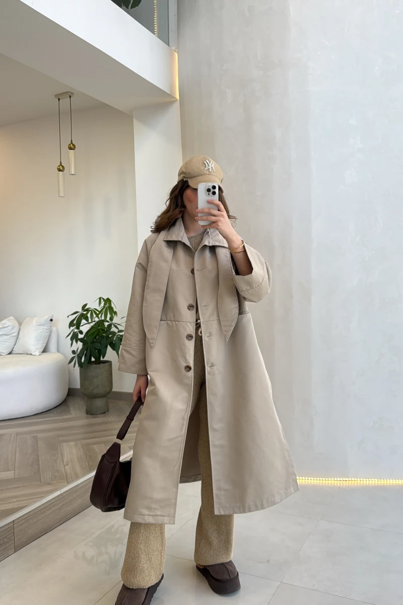 Fularlı Yırtmaç Detay Trençkot - Taş - Kod: 600