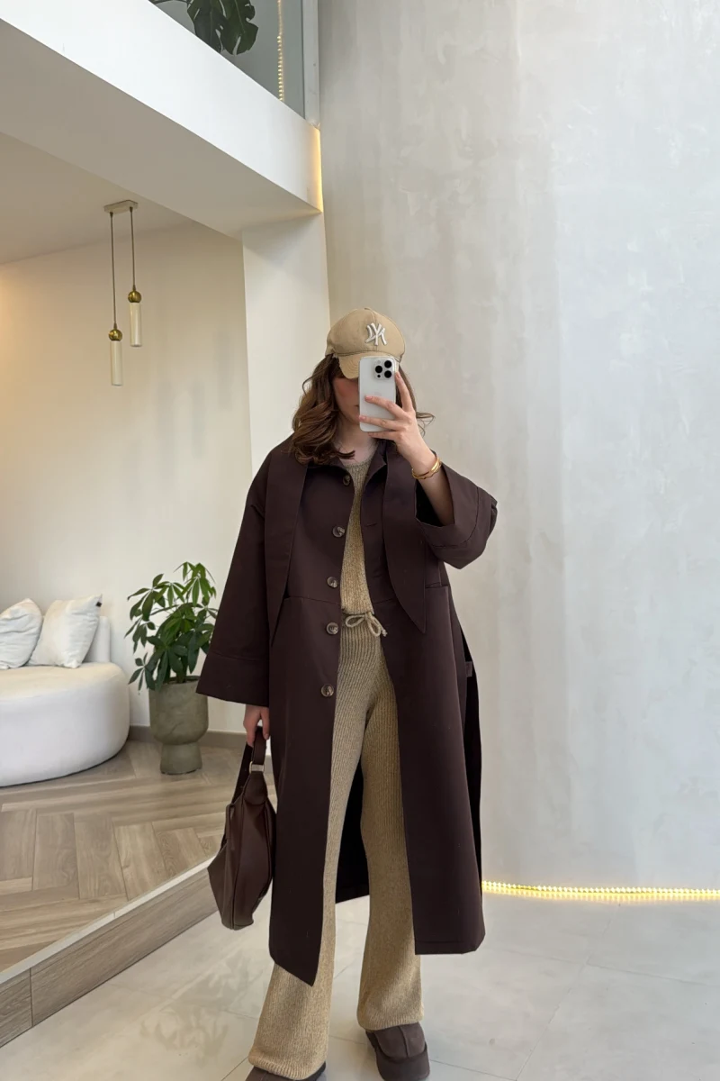 Fularlı Yırtmaç Detay Trençkot - Kahve - Kod: 600