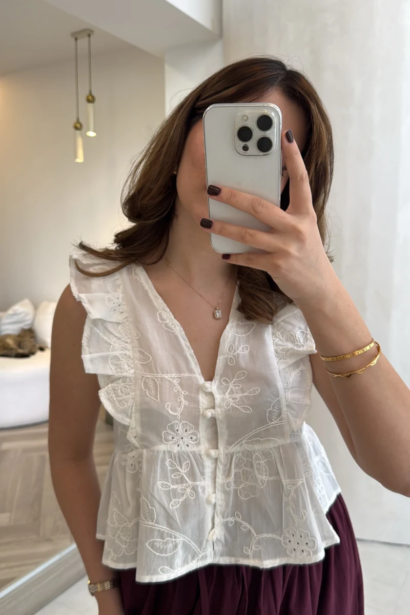 Geona Fırfırlı Dokulu Bluz - Ekru - Kod: 2264