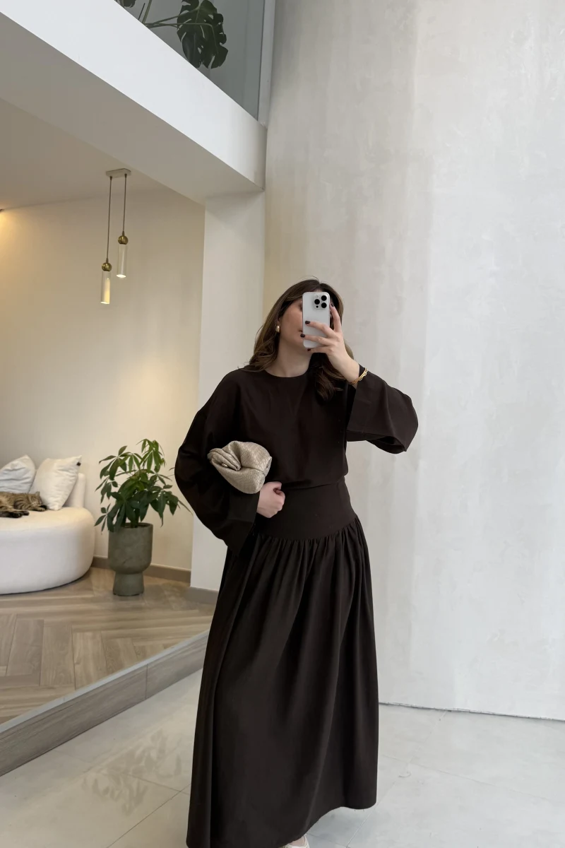 Catania Bel Detay Etek Bluz Takım - Acı Kahve - 6017