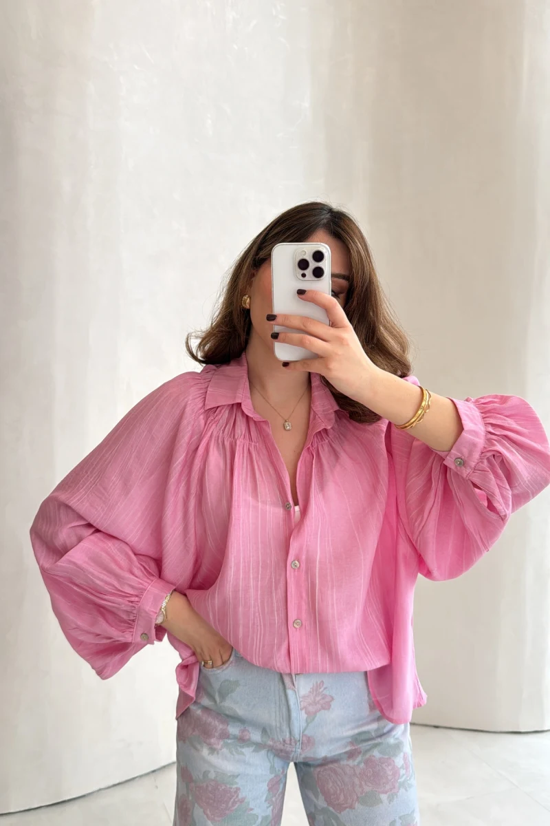 Sweden Yakası Gipeli Balon Kol V Yaka Çizgili Gömlek - Pembe - Kod: 580768