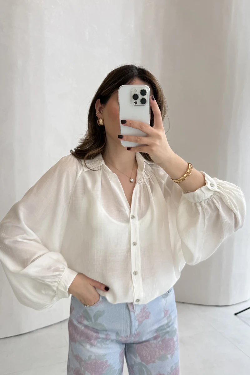 Sweden Yakası Gipeli Balon Kol V Yaka Çizgili Gömlek - Beyaz - Kod: 580768