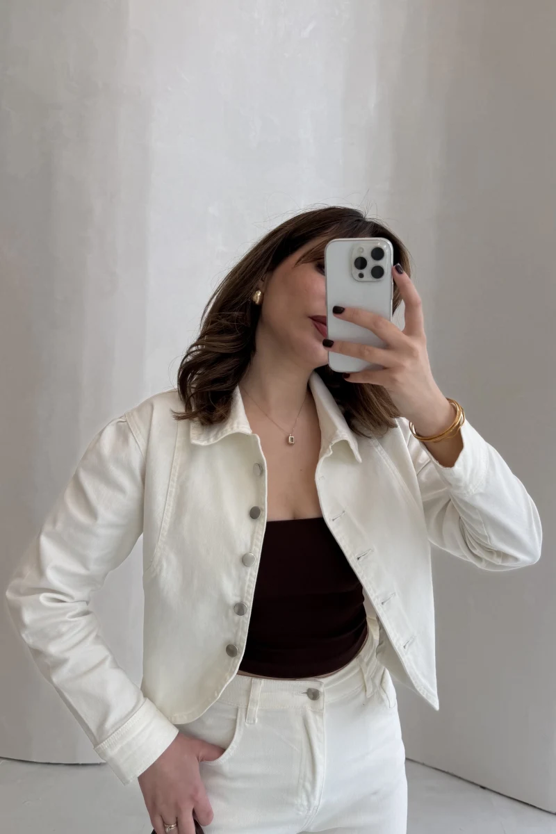 Denim Oval Kesim Kısa Ceket - Ekru - Kod: 0904