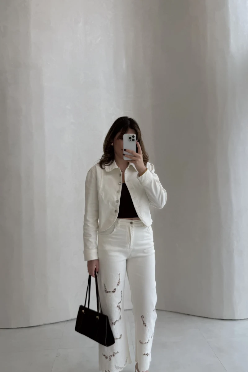 Ow Yüksek Bel Denim Nakışlı Pantolon - Ekru - Kod: 0904-1