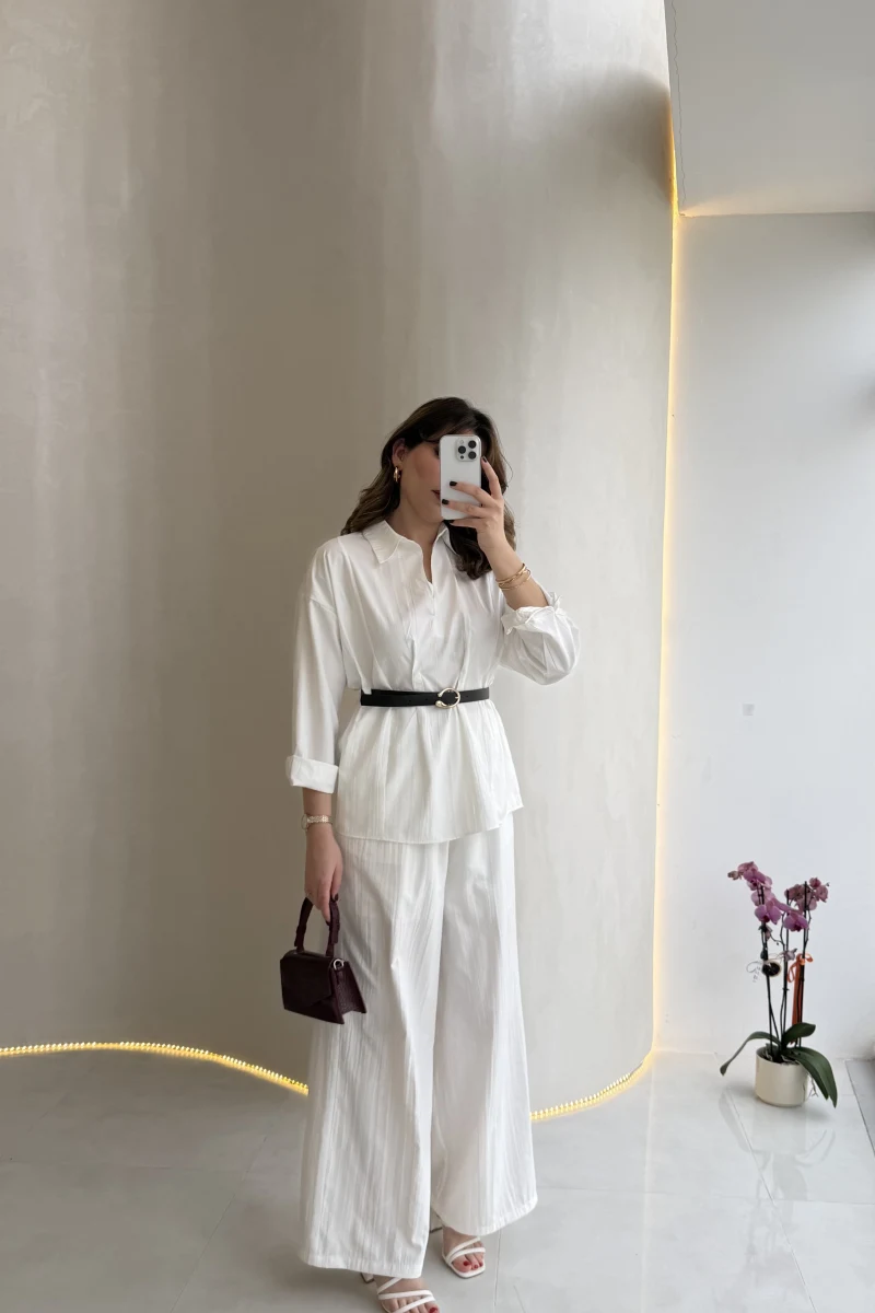 Kemerli Bel Detaylı Gömlek Pantolon Takım - Ekru - Kod: 58485