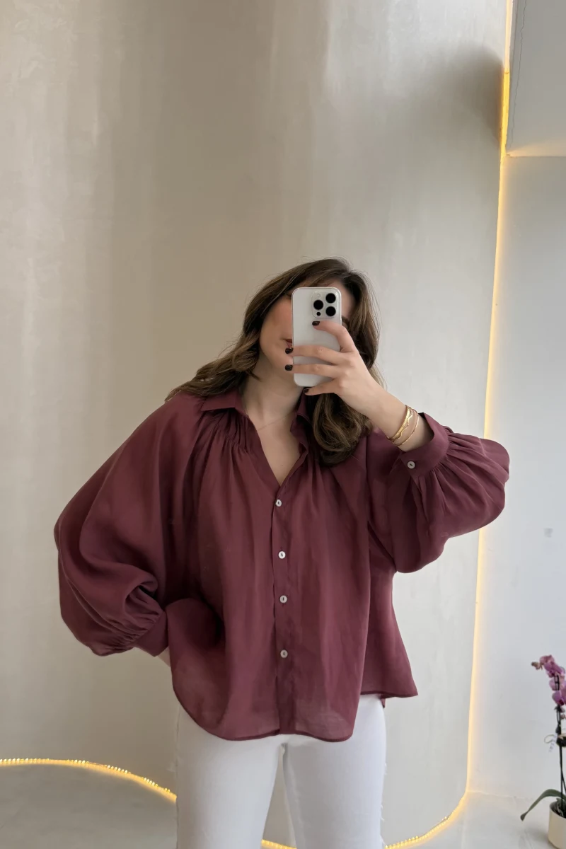 Gipeli Reglan Kol Oversize Gömlek - Bordo - Kod: 5018