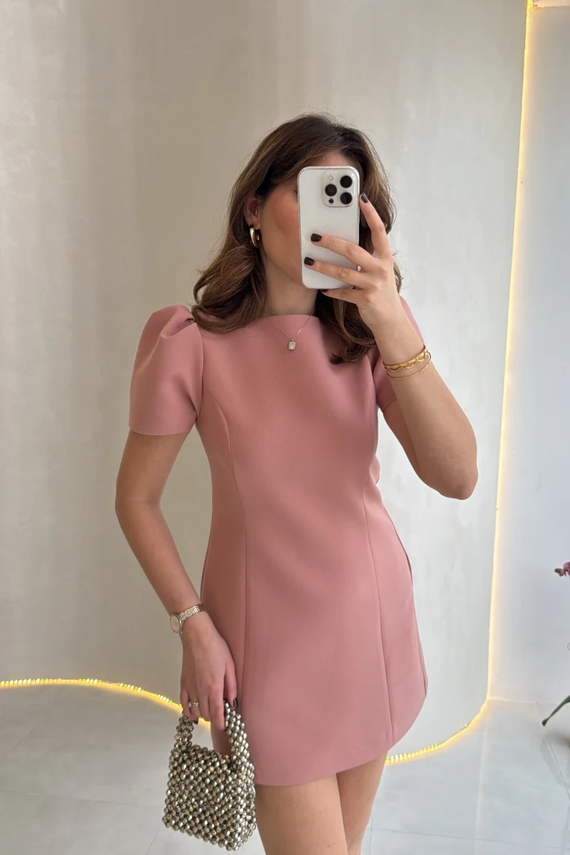 Amore Balon Kol Mini Elbise - Pudra - Kod: 041