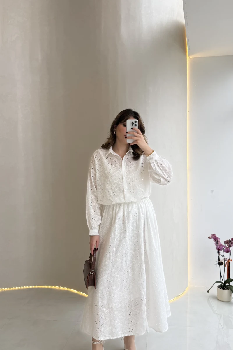 Darwin Brode Detaylı Gömlek-Etek Takım - Beyaz - Kod: 2245 5079