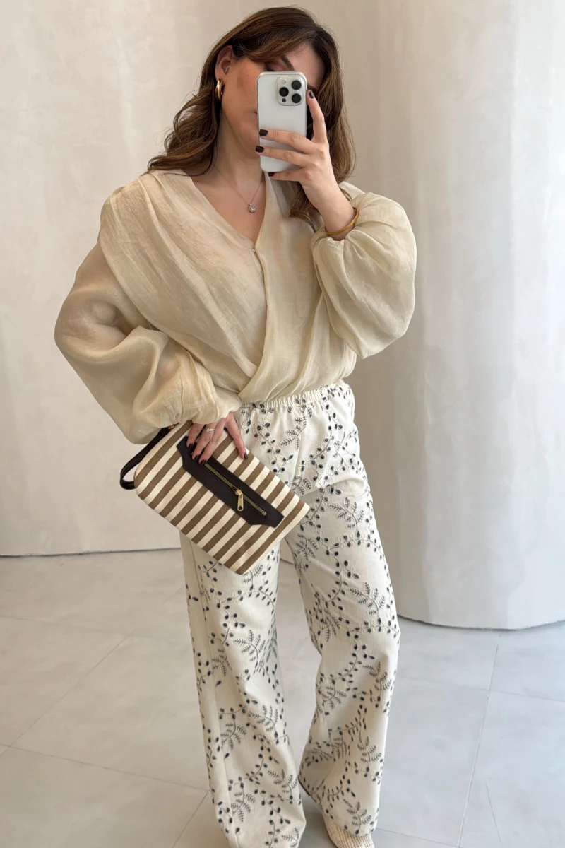 Ow Yüksek Bel Keten Nakışlı Pantolon - Bej - Kod: 251710