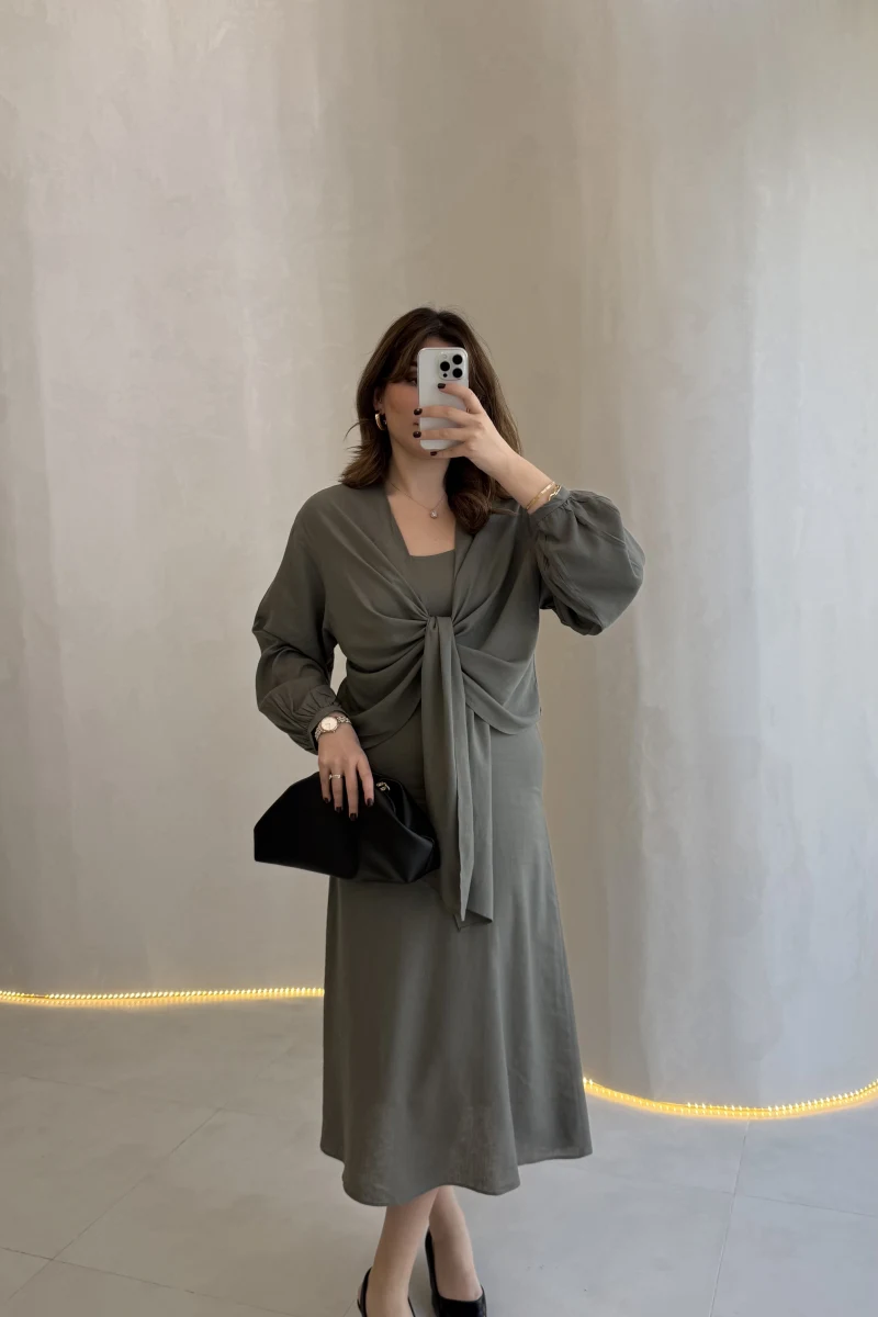 Bolerolu Midi Boy Elbise - Haki - Kod: 3367