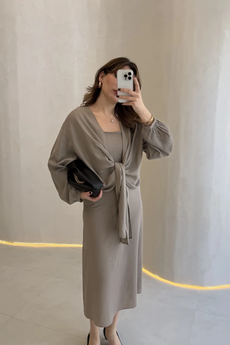Bolerolu Midi Boy Elbise - Vizon - Kod: 3367