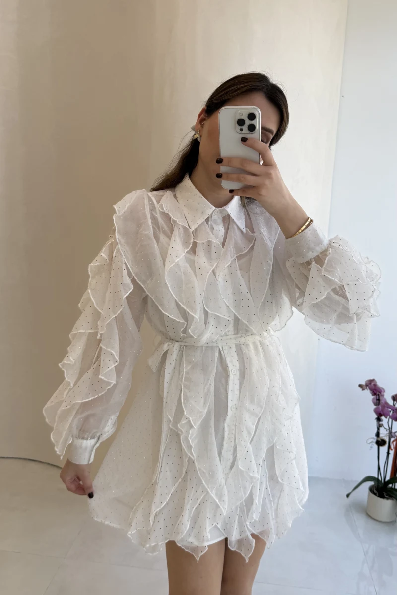 Taşlı Fırfır Detay Kuşaklı Elbise - Beyaz - Kod: 39369