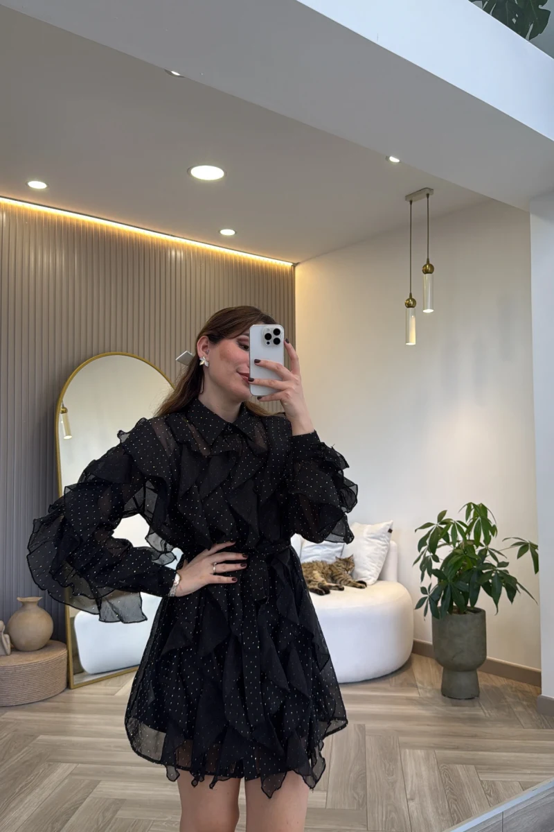 Taşlı Fırfır Detay Kuşaklı Elbise - Siyah - Kod: 39369