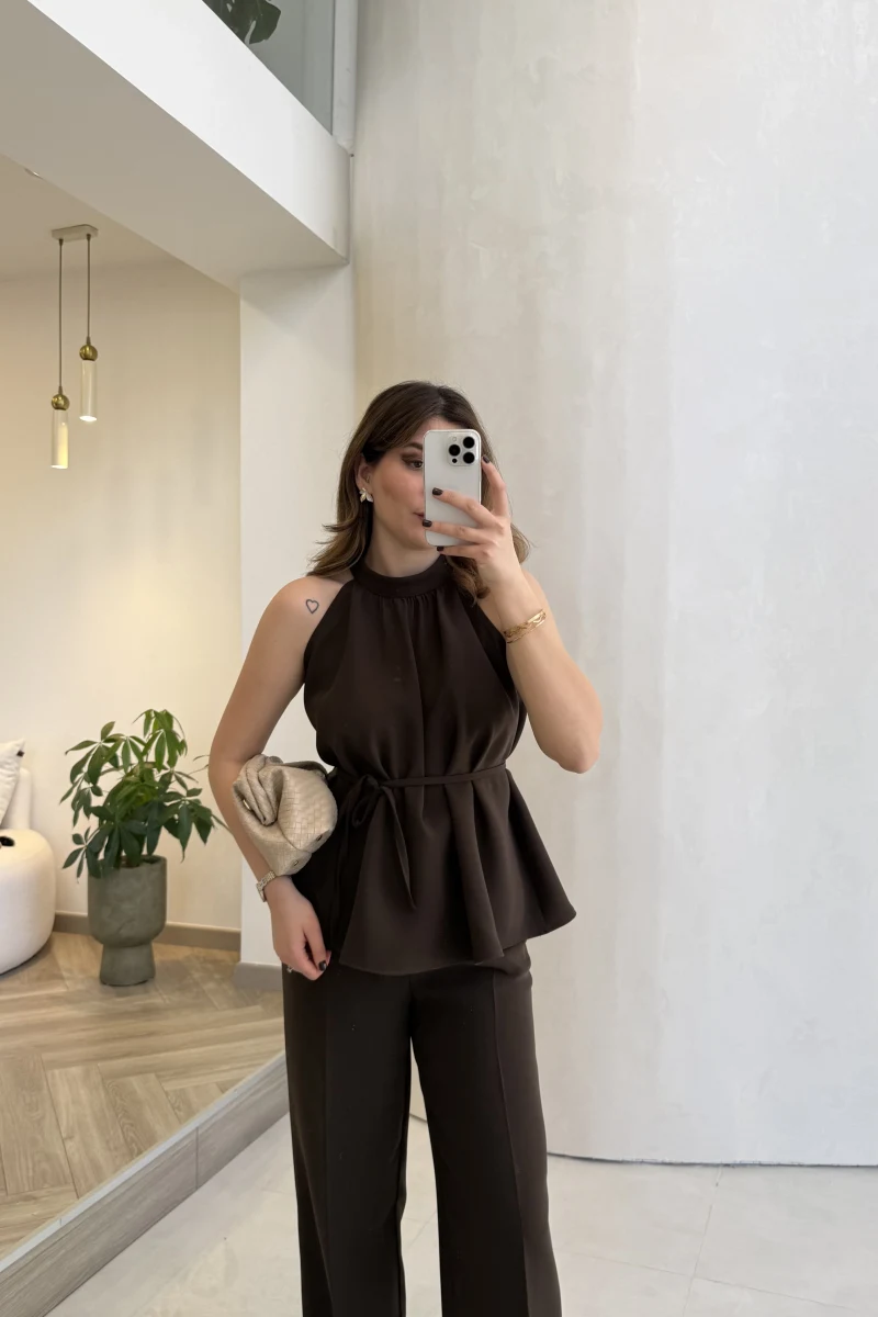 Fera Bağlama Detaylı Takım - Kahve - Kod: 8920