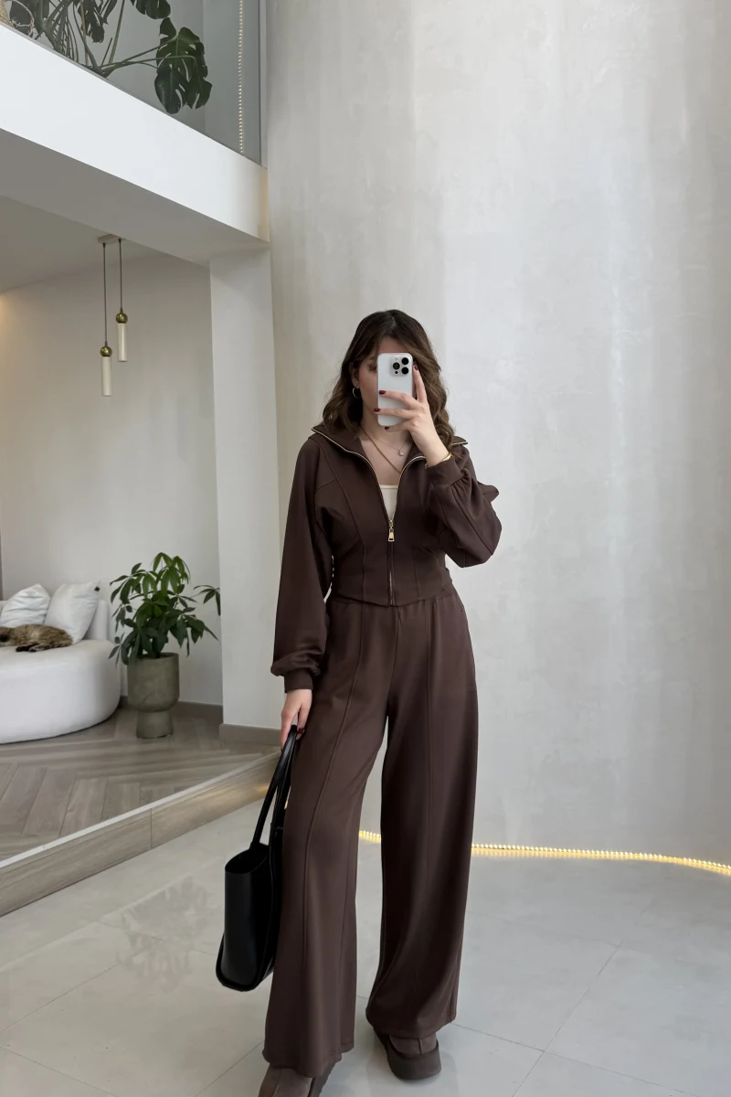 Parco Beli Lastikli Pamuk Kumaş Eşofman Takım - Kahve - Kod: 51323